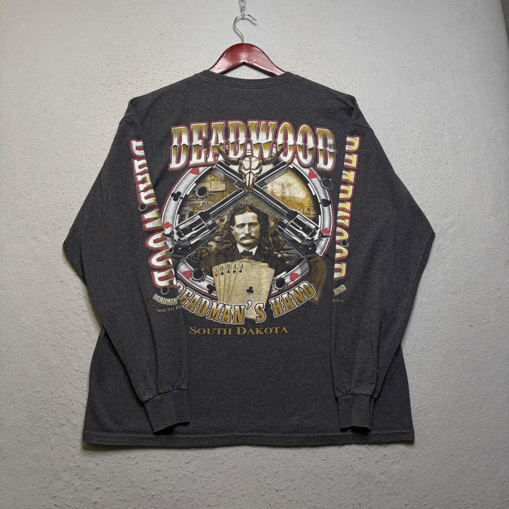 Deadwood Long Sleeve Shirt Mens XL Gray Deadman's Hand Graphic Wild Bill Y2K
